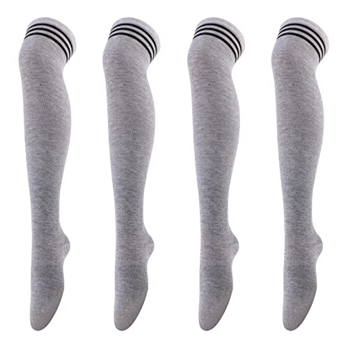 2 Stück Frauen über Knie Oberschenkel Socken, Dreifach-Streifen hohe Strumpfhosen lange Strümpfe, weiche Stretch Socke für tägliche Kleidung, Cosplay (Hellgrau) von Thajaling