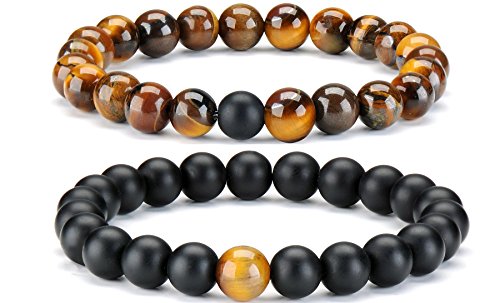 2 Stück Tiger Eye & Black Matte Achat Abstand Armband für Männer Frauen paar Set von Thajaling