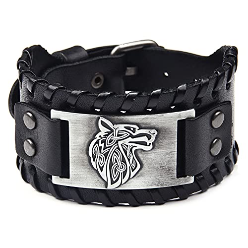 Herren Retro Breites Metall Schwarz Wolfskopf Lederarmband Punk Style Lederarmband Pirat Armbänder Breiter Gürtel Manschette von Thajaling