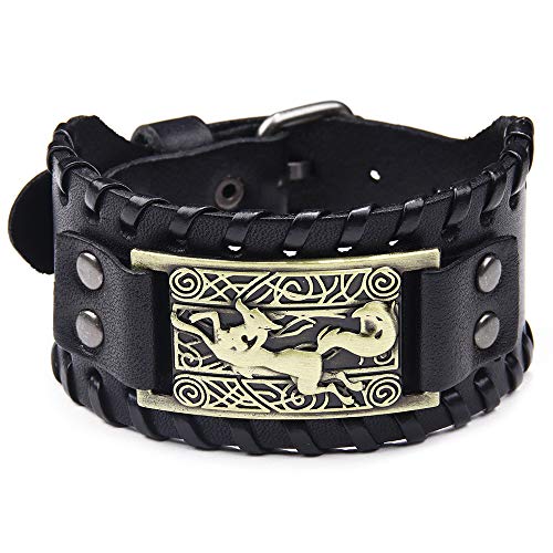 Lederarmband Herren Fuchs Armband Titan Männer Breit Verstellbares Leder Armband Schwarz von Thajaling