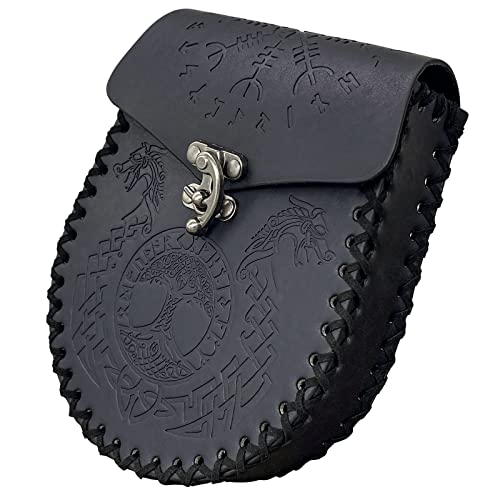 Mittelalterliche Kunstledertasche,Schwarze Wikinger Gürteltasche,Nordische geprägte Ledermünztasche,LARP Renaissance Tasche für Frauen Männer von Thajaling