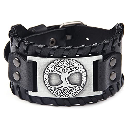 Retro Breites Schwarz Herren Lederarmband Punk Lederarmband Metall Baum des Lebens Armbänder Breiter Gürtel Manschette Armreif Rock Wrap für Männer Junge Einstellbar von Thajaling