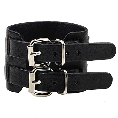 Thajaling Rindsleder Handgelenk Manschette Armband, breites Leder Doppelschnalle Armband, Mode Armband, Verstellbares Vintage-Armband für Damen Herren (Schwarz) von Thajaling