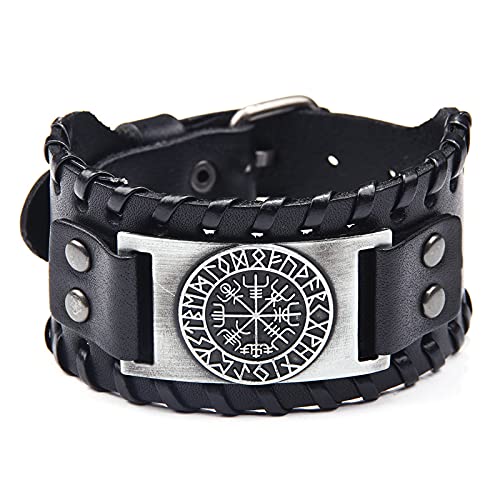 Schwarzes Lederarmband Viking Vegvisir Compass Nordic Runes Leder Armband Armreif für Herren von Thajaling