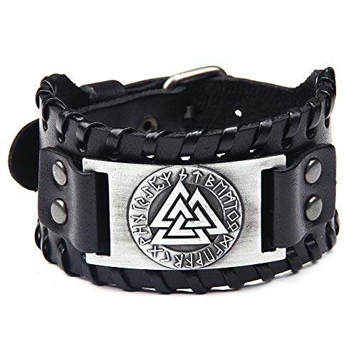 Schwarzes breites Lederarmband Valknut und 24 nordische Runen Antik Silber geflochtene Lederarmbänder Vintage Schmuck für Männer von Thajaling