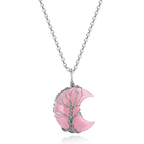 Thajaling Baum des Lebens Anhänger Drahtgewickelte Halbmond Halskette Kristall Reiki Heilstein Halsketten Tree of Life Necklace Natürliche Edelstein Quarz Schmuck Geschenk für Frauen Mädchen von Thajaling