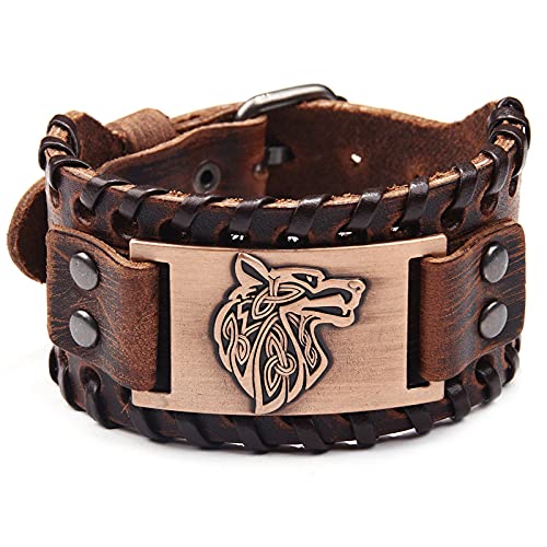 Thajaling Braunes Wikingerarmband Wolf Fenrir - Vintage Nordic Armband Talisman - Gothic Armband für keltisches heidnisches Cosplay Kostüm Armband, Adjustable from 18 to 22.5 cm, Leder von Thajaling
