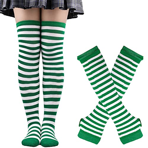 Thajaling Damen Socken,Gestreifte Warme Fingerlose Handschuhe Kniehohe Socken Set,Mädchen Cosplay Gestreifte Lange Socken Hole Fäustlinge Handschuhe für Halloween (Grün/Weiß) von Thajaling