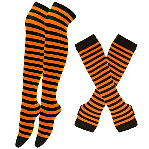 Thajaling Damen Socken,Gestreifte Warme Fingerlose Handschuhe Kniehohe Socken Set,Mädchen Cosplay Gestreifte Lange Socken Hole Fäustlinge Handschuhe für Halloween (Orange/Schwarz) von Thajaling