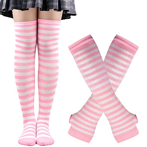 Thajaling Damen Socken,Gestreifte Warme Fingerlose Handschuhe Kniehohe Socken Set,Mädchen Cosplay Gestreifte Lange Socken Hole Fäustlinge Handschuhe für Halloween (Rosa/Weiß) von Thajaling