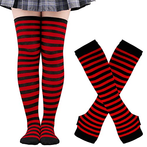 Thajaling Damen Socken,Gestreifte Warme Fingerlose Handschuhe Kniehohe Socken Set,Mädchen Cosplay Gestreifte Lange Socken Hole Fäustlinge Handschuhe für Halloween (Schwarz/Rot) von Thajaling