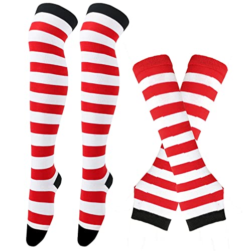 Thajaling Damen Socken,Gestreifte Warme Fingerlose Handschuhe Kniehohe Socken Set,Mädchen Cosplay Gestreifte Lange Socken Hole Fäustlinge Handschuhe für Halloween (Schwarz/Weiß/Rot) von Thajaling