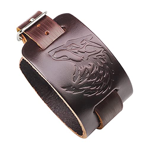 Thajaling Khaki Leder Armband Wolf Kopf Armband Punk Stil Breite Armreif Manschette Armband Armband für Damen und Herren von Thajaling