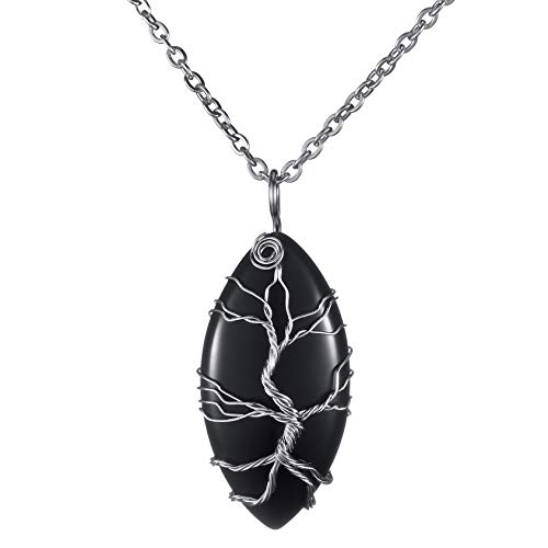 Thajaling Schwarzer Obsidian Anhänger Vintage Reiki Heilkristall Anhänger Halskette Silber Baum des Lebens Draht umwickelt Edelstein Chakra Halskette von Thajaling
