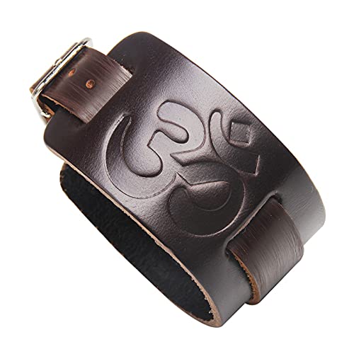 Thajaling Tibetisch-buddhistisches schwarzes Leder sechs wahres Wort Mantra Punk Style Wide Armreif Armreif Armband Armband für Männer und Frauen von Thajaling