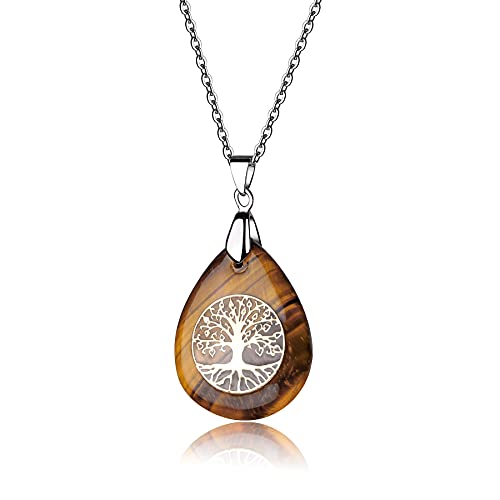 Thajaling Tiger Eye Stone Necklace Tigerauge Stein Heilkristall Edelstein Anhänger mit Edelstahlkette Baum des Lebens Anhänger-40g,0.98"x1.37"x0.19 von Thajaling