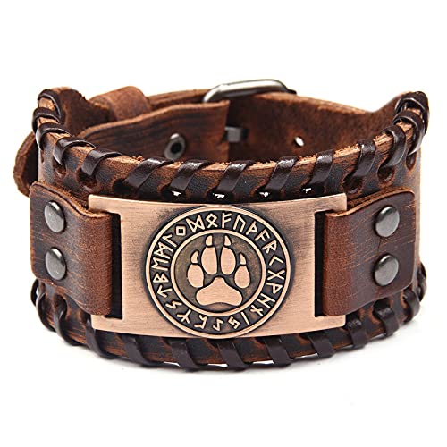 Wikinger Wolf Bär Pfote nordische Runen Lederarmband für Männer, Retro Punk Armband Armreif Armbänder Halloween Kostüm, Leder von Thajaling