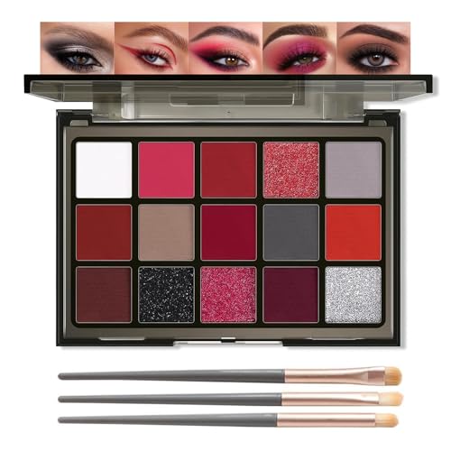 Rot Lidschatten Palette, 15 Farben Eyeshadow Palette Schimmer & Matt, Metallic Lidschattenpalette Set, Schwarz Smokey Augen Make Up Palette, Pigmentierte Make Up Kit Halloween Weihnachten Vampir Clown von Thalixiry