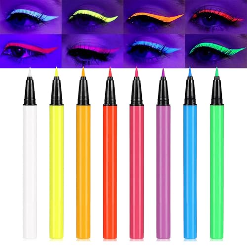 UV Eyeliner Set, 8 Farben Flüssiger Eyeliner Wasserfest, Bunt Glühender Kajalstift, Wischfest & Langanhaltend Kajal Stift, Halloween Festival Augen Make Up Set, Hohe Farbwiedergabe, Einfache Anwendung von Thalixiry