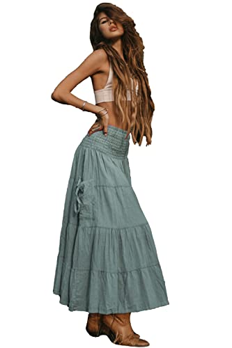 Thaluta Damen Boho Maxi Baumwolle Rock mit Taschen Elastische Taille, kiefer, Einheitsgröße von Thaluta