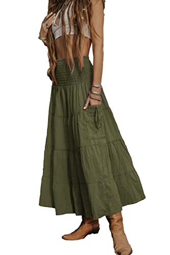Thaluta Damen Boho Maxi Baumwolle Rock mit Taschen elastische Taille, olivgrün, Einheitsgröße von Thaluta
