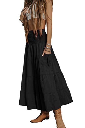 Thaluta Damen Boho Maxi Baumwolle Rock mit Taschen elastische Taille, schwarz, Einheitsgröße von Thaluta