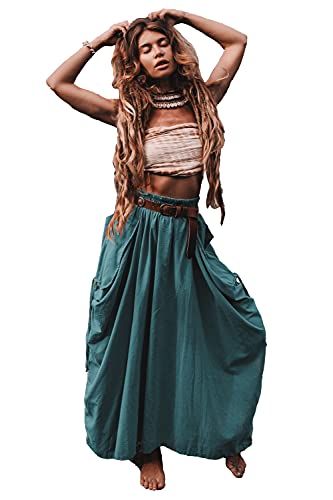 Thaluta Damen Maxi Boho Rock mit Taschen Bohemian Bio Baumwolle Hippie Gypsy, blaugrün, Einheitsgröße von Thaluta