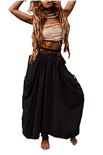 Thaluta Damen Maxi Boho Rock mit Taschen Bohemian Organic Cotton Hippie Gypsy, Schwarz , Einheitsgröße von Thaluta