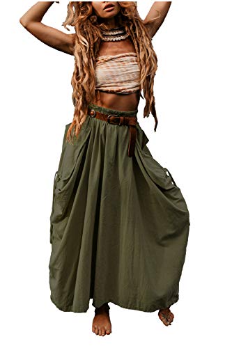 Thaluta Damen Maxi Boho Rock mit Taschen Bohemian Organic Cotton Hippie Gypsy, olivgrün, Einheitsgröße von Thaluta