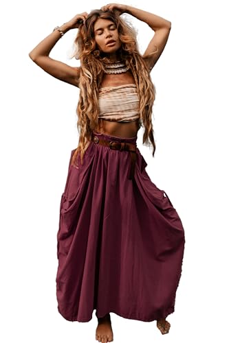 Thaluta Damen Maxi Boho Rock mit Taschen Bohemian Organic Cotton Hippie Gypsy, rot, Einheitsgröße von Thaluta