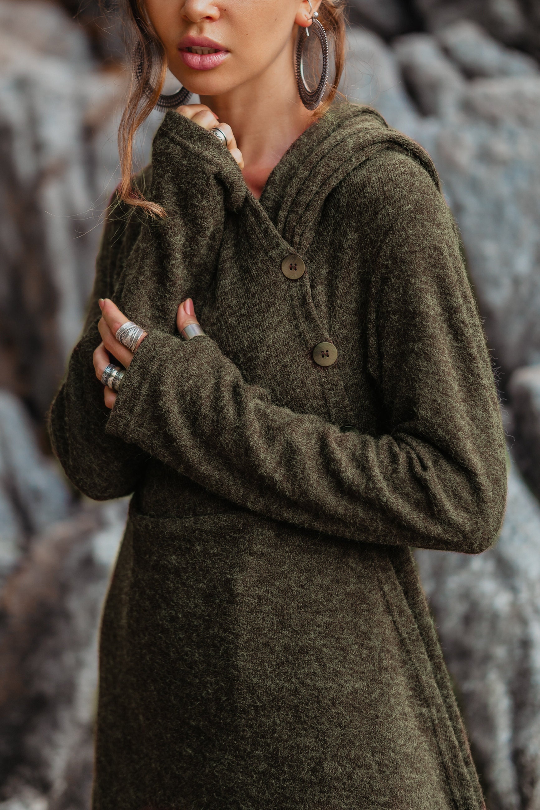 Damen Kapuzen Pullover Mantel Amita in Olive/Half Season Boho von ThalutaBohoWear