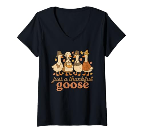 Damen Just a Thankful Goose Funny Thanksgiving Retro Fall T-Shirt mit V-Ausschnitt Damen Just a Thankful Goose Funny Thanksgiving Retro Fall T-Shirt mit V-Ausschnitt von Thankful Goose Co.