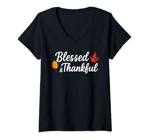 Damen Blessed Thankful Grateful Autumn Leaves T-Shirt T-Shirt mit V-Ausschnitt von Thankful Vibes Apparel