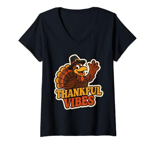 Damen Thankful Vibes Vintage Thanksgiving Türkei Retro Pilgermütze T-Shirt mit V-Ausschnitt Damen Thankful Vibes Vintage Thanksgiving Türkei Retro Pilgermütze T-Shirt mit V-Ausschnitt von Thankful Vibes Vintage Thanksgiving Turkey Merch