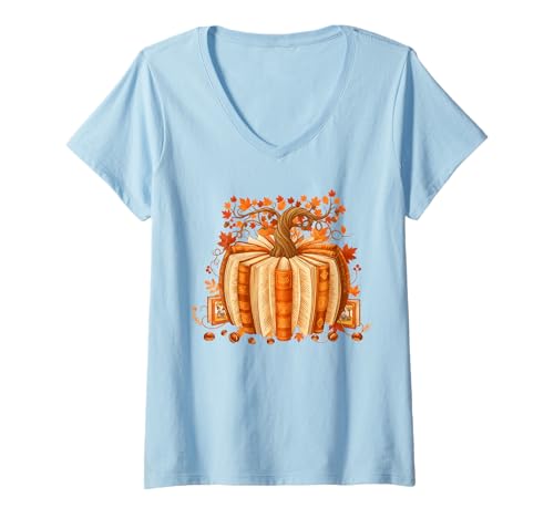 Damen Buch Kürbis Herbst Halloween Lehrer Bibliothekare Bücherwurm T-Shirt mit V-Ausschnitt Damen Buch Kürbis Herbst Halloween Lehrer Bibliothekare Bücherwurm T-Shirt mit V-Ausschnitt von Thanksgivin Autumn Pumpkin Book Fall Reading Lover