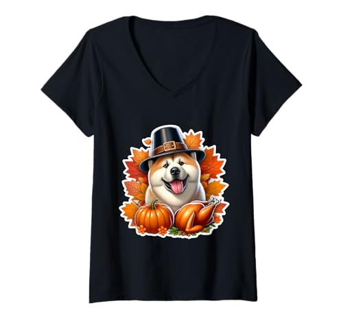 Damen Thanksgiving Akita Hundebesitzer Liebhaber Lustig Pilger Türkei Niedlich T-Shirt mit V-Ausschnitt von Thanksgiving Akita Dog Owner Products