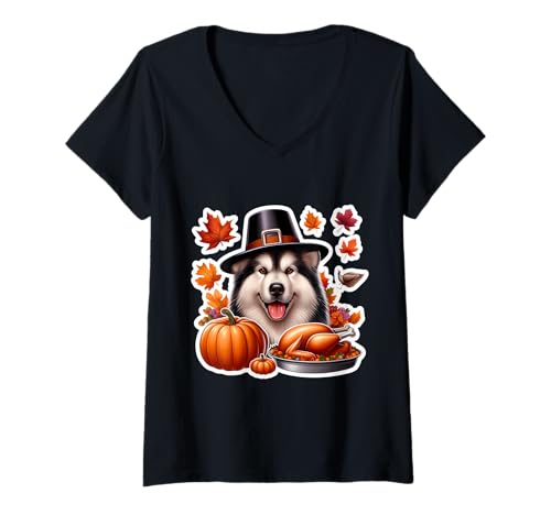 Damen Thanksgiving Alaskan Malamute Hundebesitzer Liebhaber Lustig Truthahn T-Shirt mit V-Ausschnitt von Thanksgiving Alaskan Malamute Dog Owner Products