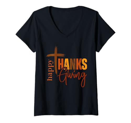 Damen Happy Thanksgiving | Herbstfarben | Kreuz T-Shirt mit V-Ausschnitt Damen Happy Thanksgiving | Herbstfarben | Kreuz T-Shirt mit V-Ausschnitt von Thanksgiving Apparel