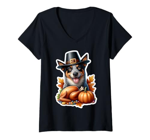 Damen Lustiger Truthahnliebhaber zum Erntedankfest, australischer Viehhundebesitzer T-Shirt mit V-Ausschnitt Damen Lustiger Truthahnliebhaber zum Erntedankfest, australischer Viehhundebesitzer T-Shirt mit V-Ausschnitt von Thanksgiving Australian Cattle Dog Owner Products