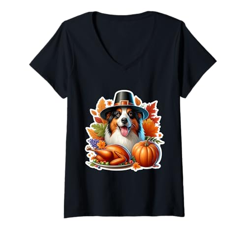 Damen Thanksgiving, Australian Shepherd, Hundebesitzer, Liebhaber, Lustig, niedlich T-Shirt mit V-Ausschnitt Damen Thanksgiving, Australian Shepherd, Hundebesitzer, Liebhaber, Lustig, niedlich T-Shirt mit V-Ausschnitt von Thanksgiving Australian Shepherd Owner Products