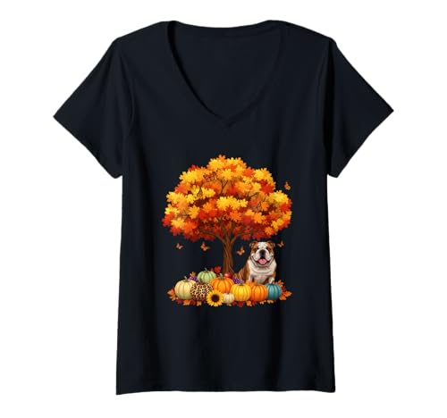 Damen Thanksgiving Herbst Bulldogge Blatt Fall Baum It's Fall Y'all T-Shirt mit V-Ausschnitt Damen Thanksgiving Herbst Bulldogge Blatt Fall Baum It's Fall Y'all T-Shirt mit V-Ausschnitt von Thanksgiving Autumn Fall Bulldog Leaf Fall