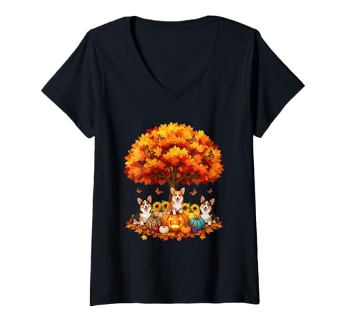 Damen Thanksgiving Herbst Corgi Dogs Leaf Fall Tree Es ist Herbst, Ihr alle T-Shirt mit V-Ausschnitt von Thanksgiving Autumn Fall Corgi Dogs Leaf Fall
