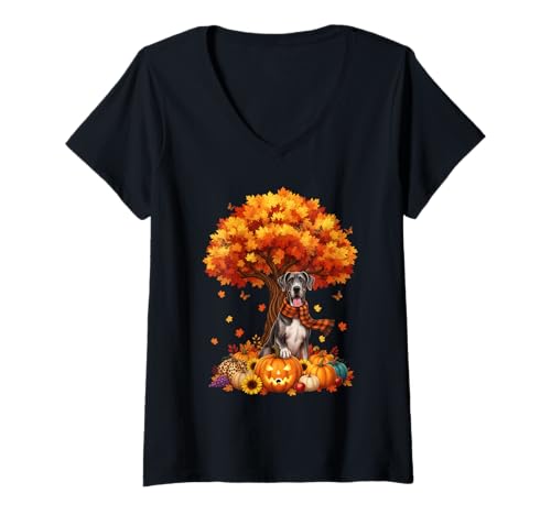 Damen Thanksgiving Herbst Deutsche Dogge Hund Blatt Fall Baum T-Shirt mit V-Ausschnitt Damen Thanksgiving Herbst Deutsche Dogge Hund Blatt Fall Baum T-Shirt mit V-Ausschnitt von Thanksgiving Autumn Fall Great Dane Dog