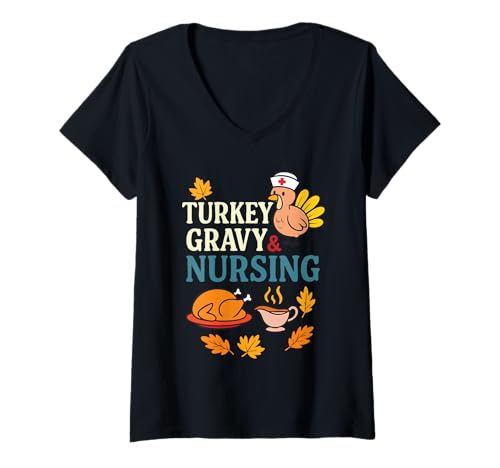 Damen Turkey Gravy and Nursing Funny Thanksgiving Autumn Vibes T-Shirt mit V-Ausschnitt Damen Turkey Gravy and Nursing Funny Thanksgiving Autumn Vibes T-Shirt mit V-Ausschnitt von Thanksgiving Autumn Vibes Store