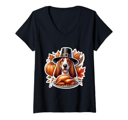 Damen Thanksgiving Basset Hound, Hundebesitzer, Liebhaber, Lustiger Truthahn, niedlich T-Shirt mit V-Ausschnitt Damen Thanksgiving Basset Hound, Hundebesitzer, Liebhaber, Lustiger Truthahn, niedlich T-Shirt mit V-Ausschnitt von Thanksgiving Basset Hound Dog Owner Products