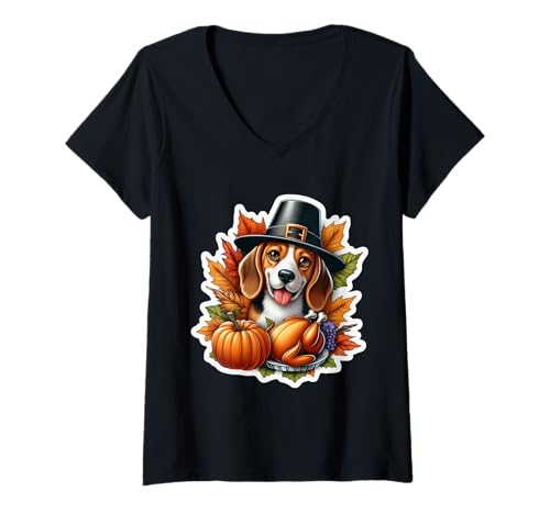 Damen Lustiger Pilger-Truthahn zum Erntedankfest, Hundebesitzer, Liebhaber T-Shirt mit V-Ausschnitt Damen Lustiger Pilger-Truthahn zum Erntedankfest, Hundebesitzer, Liebhaber T-Shirt mit V-Ausschnitt von Thanksgiving Beagle Dog Owner Products
