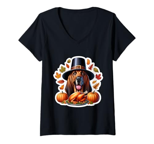 Damen Lustiger Pilger-Truthahn zum Erntedankfest, Hundebesitzer, Liebhaber T-Shirt mit V-Ausschnitt Damen Lustiger Pilger-Truthahn zum Erntedankfest, Hundebesitzer, Liebhaber T-Shirt mit V-Ausschnitt von Thanksgiving Bloodhound Dog Owner Products