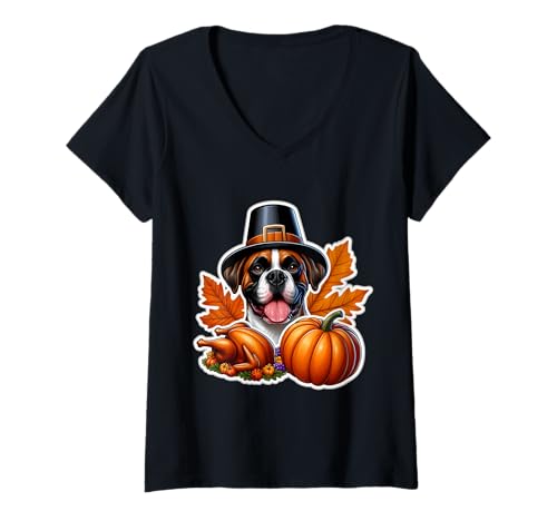 Damen Thanksgiving Boxer Hund Besitzer Liebhaber Lustig Pilger Türkei Niedlich T-Shirt mit V-Ausschnitt Damen Thanksgiving Boxer Hund Besitzer Liebhaber Lustig Pilger Türkei Niedlich T-Shirt mit V-Ausschnitt von Thanksgiving Boxer Dog Owner Products