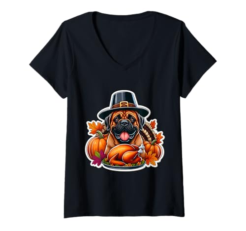 Damen Thanksgiving Bullmastiffs Hundebesitzer-Liebhaber, lustiger Truthahn, niedlich T-Shirt mit V-Ausschnitt von Thanksgiving Bullmastiffs Dog Owner Products