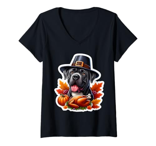 Damen Thanksgiving Cane Corso Hundebesitzer Lover Funny Pilgrim Turkey T-Shirt mit V-Ausschnitt von Thanksgiving Cane Corso Dog Owner Products
